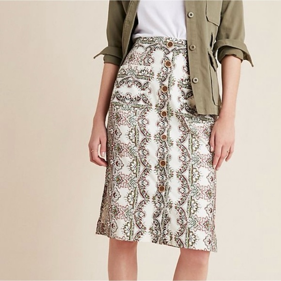 Anthropologie Maeve Kaleidoscope Button Front Pocket Pencil Midi Skirt 8 - Picture 1 of 13